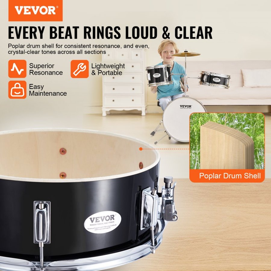 VEVOR Kids Drum Set, 3-Piece, 14 in Beginner Drum Set with Adjustable Throne Cymbal Pedal Two Pairs of Drumsticks, 8" Tom Drum 10" Snare Drum 14" Bass Drum, Starter Drum Kit for Child Kids, Black