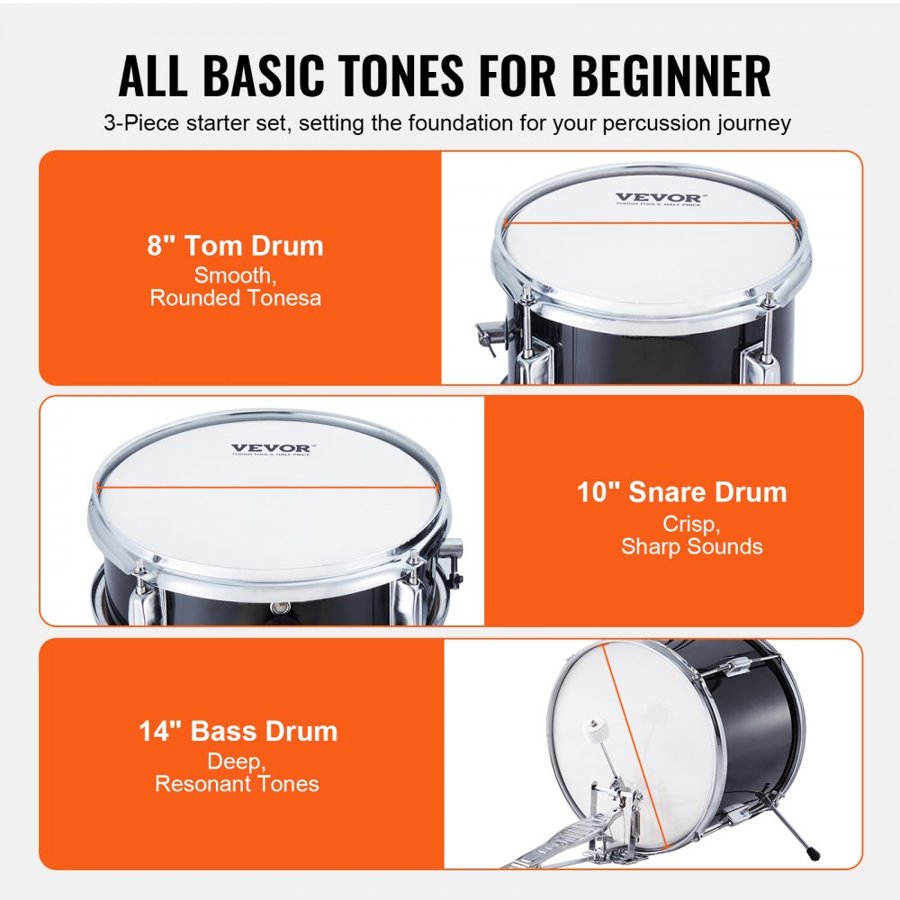 VEVOR Kids Drum Set, 3-Piece, 14 in Beginner Drum Set with Adjustable Throne Cymbal Pedal Two Pairs of Drumsticks, 8" Tom Drum 10" Snare Drum 14" Bass Drum, Starter Drum Kit for Child Kids, Black