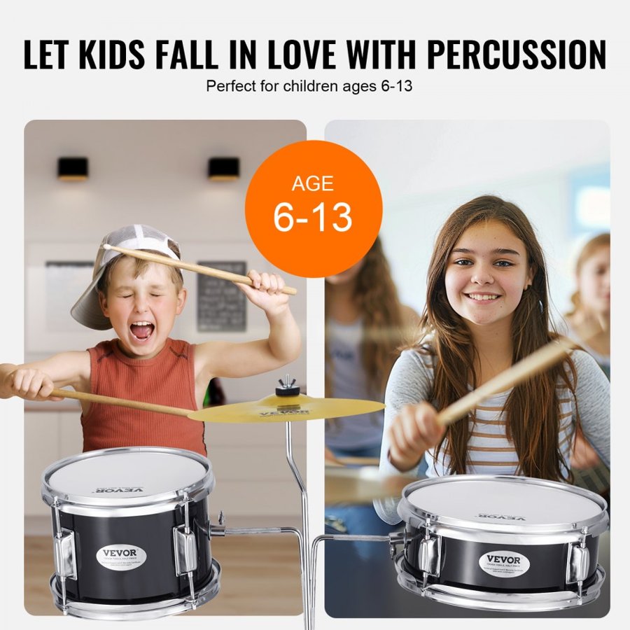 VEVOR Kids Drum Set, 3-Piece, 14 in Beginner Drum Set with Adjustable Throne Cymbal Pedal Two Pairs of Drumsticks, 8" Tom Drum 10" Snare Drum 14" Bass Drum, Starter Drum Kit for Child Kids, Black