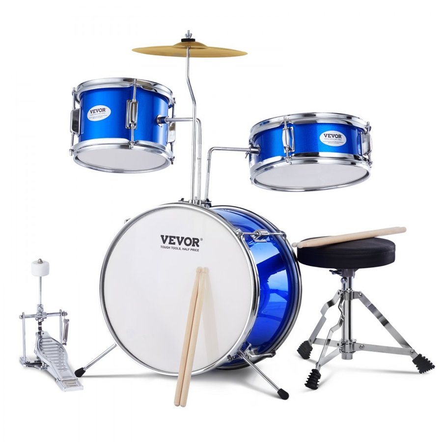 VEVOR Kids Drum Set, 3-Piece, 14 in Beginner Drum Set with Adjustable Throne Cymbal Pedal Two Pairs of Drumsticks, 8" Tom Drum 10" Snare Drum 14" Bass Drum, Starter Drum Kit for Child Kids, Blue