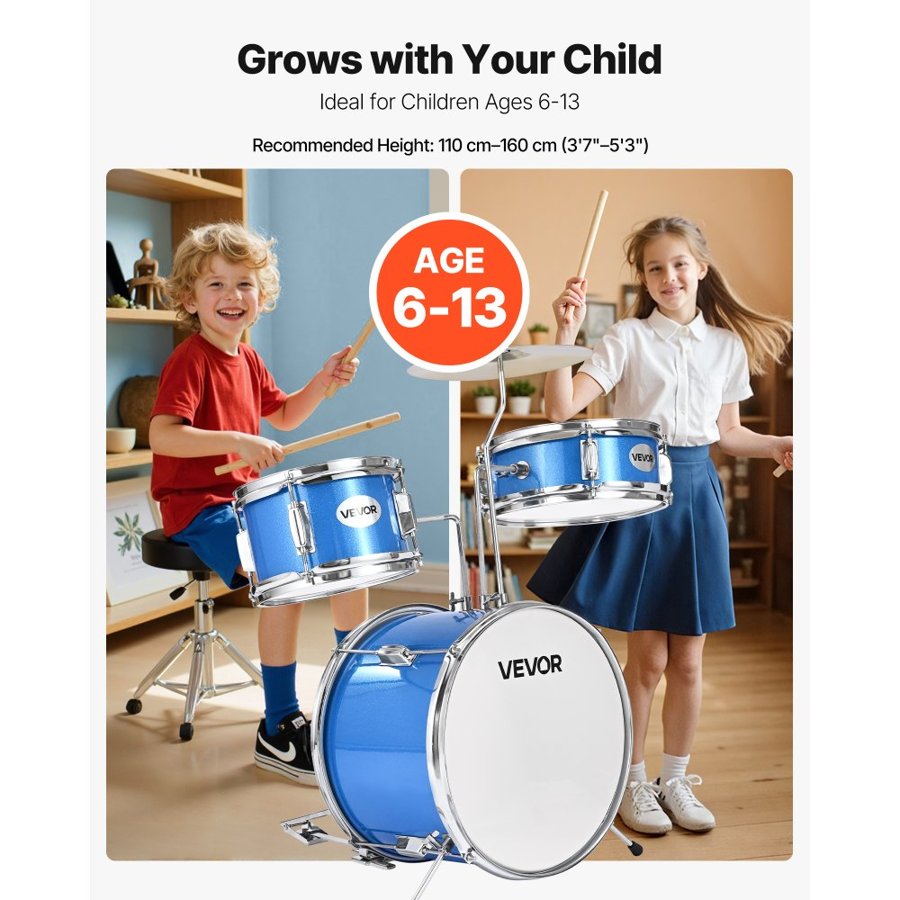 VEVOR Kids Drum Set, 3-Piece 14 in / 355.6 mm Junior Drum Sets, Beginner Drums Set with Adjustable Throne and Two Pairs of Drumsticks, Musical Learning Drums Instruments Kit, for Children Ages 6-13 (Blue)