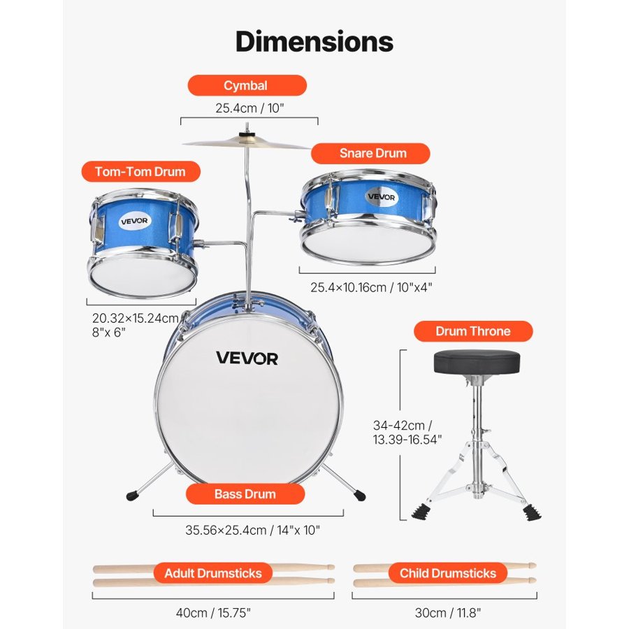 VEVOR Kids Drum Set, 3-Piece 14 in / 355.6 mm Junior Drum Sets, Beginner Drums Set with Adjustable Throne and Two Pairs of Drumsticks, Musical Learning Drums Instruments Kit, for Children Ages 6-13 (Blue)