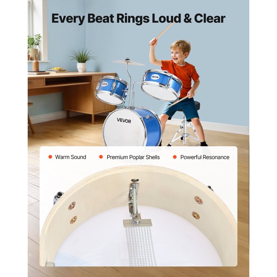 VEVOR Kids Drum Set, 3-Piece 14 in / 355.6 mm Junior Drum Sets, Beginner Drums Set with Adjustable Throne and Two Pairs of Drumsticks, Musical Learning Drums Instruments Kit, for Children Ages 6-13 (Blue)