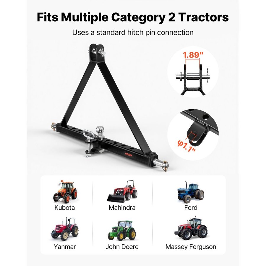 VEVOR 3 Point Trailer Hitch with Trailer Ball, 3 Pt Quick Hitch Attachment, Tractor Tow Drawbar Adapter, Compatible with Category 2 Tractor, Kubota, Mahindra, Ford, Yanmar, John Deere, Massey Ferguson