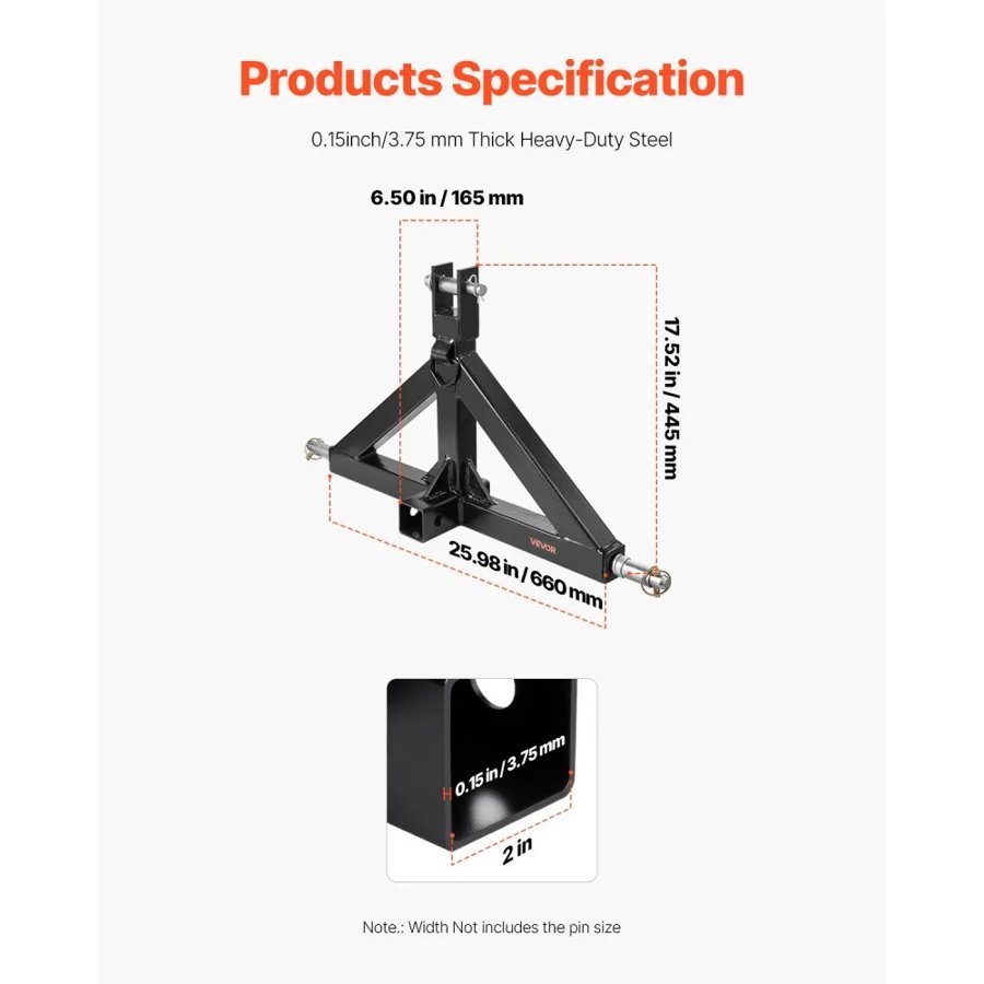 VEVOR 3 Point Hitch Receiver with 2 in Receiver, 3pt Quick Hitch Attachment, 3,000 lbs Capacity, Heavy Duty Tractor Tow Drawbar Adapter, Compatible with Kubota, Mahindra, John Deere, Massey Ferguson