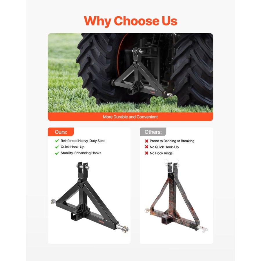 VEVOR 3 Point Hitch Receiver with 2 in Receiver, 3pt Quick Hitch Attachment, 3,000 lbs Capacity, Heavy Duty Tractor Tow Drawbar Adapter, Compatible with Kubota, Mahindra, John Deere, Massey Ferguson