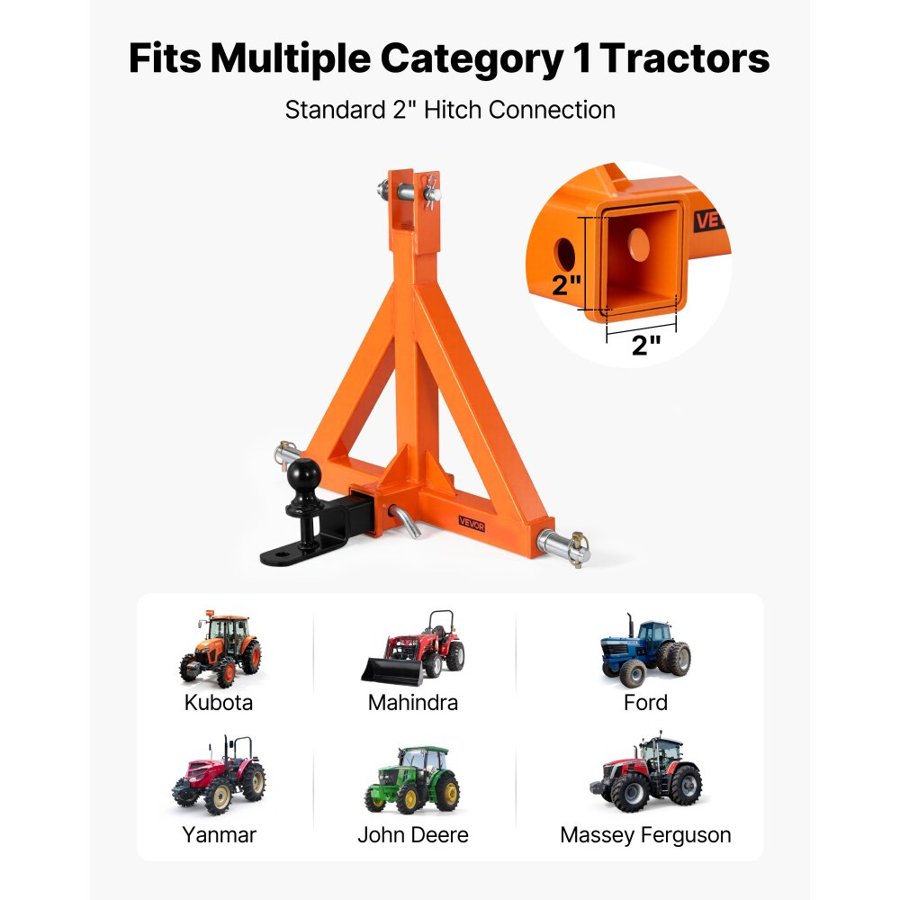 VEVOR 3 Point Trailer Hitch with 50.8mm Receiver, 3 Pt Quick Hitch Attachment with Trailer Ball, Tractor Tow Drawbar Adapter for Category 1, Kubota, Mahindra, Ford, Yanmar, John Deere, Massey Ferguson
