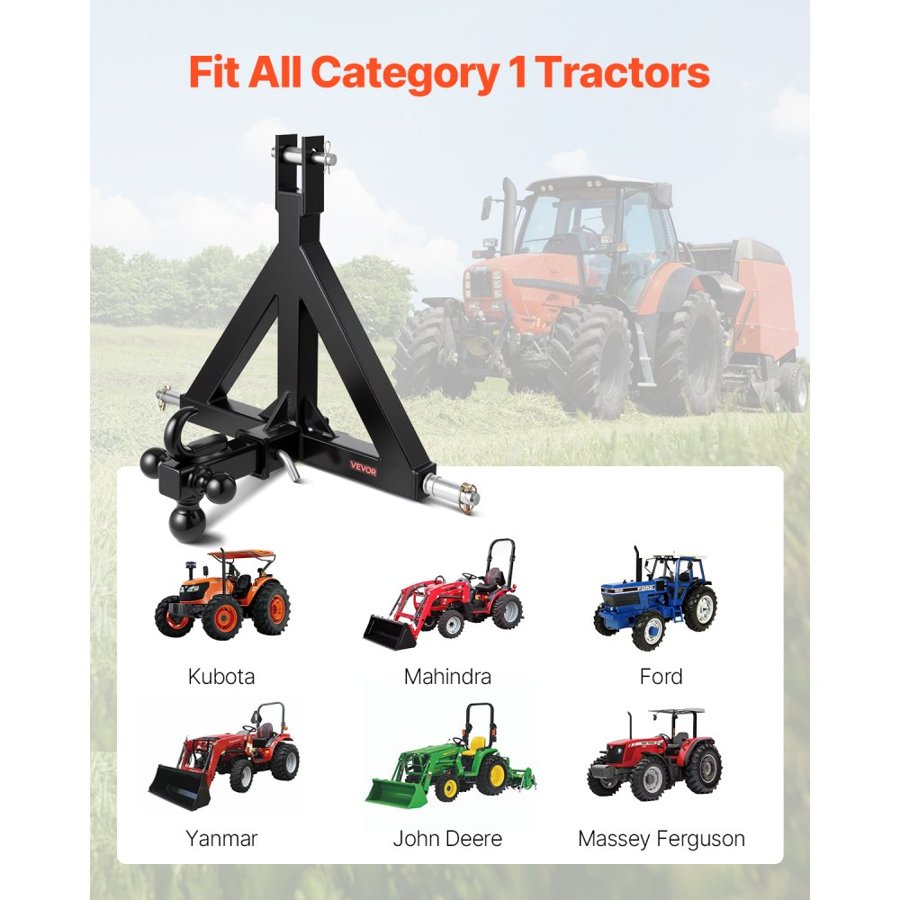 VEVOR 3 Point Trailer Hitch 2 in Receiver, 3pt Quick Hitch Attachment with 3 Trailer Balls, Tractor Tow Drawbar Adapter, Compatible with Kubota, Mahindra, Ford, Yanmar, John Deere, Massey Ferguson