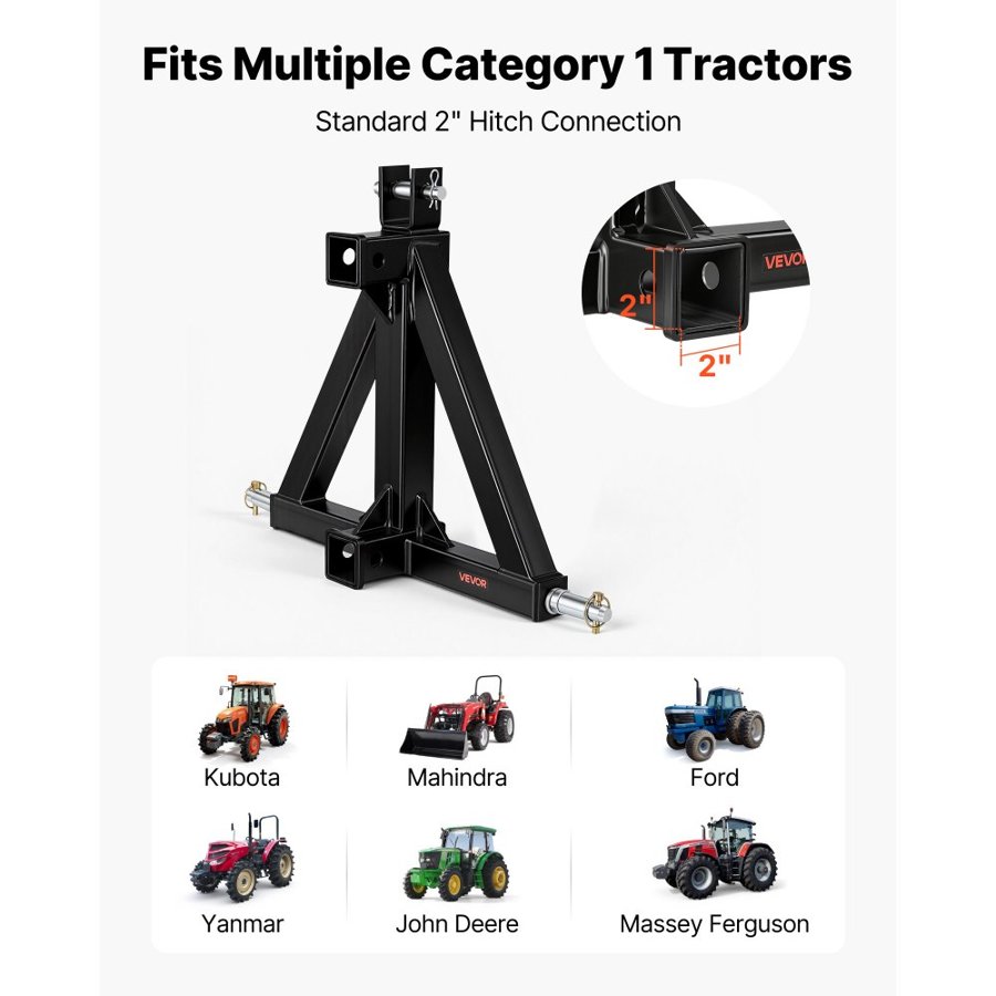 VEVOR 3 Point Trailer Receiver Hitch – Cat 1, 2" Tow