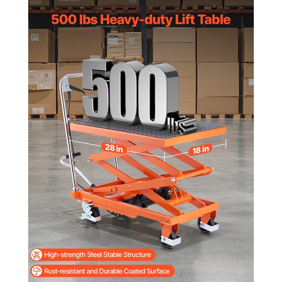VEVOR Hydraulic Lift Table, 500 lbs Capacity, 47.2" Lifting Height, Double Scissor Lift Table Cart with 4 Wheels and Non-slip Pad, Manual Hydraulic Lifting Cart for Material Handling & Transportation