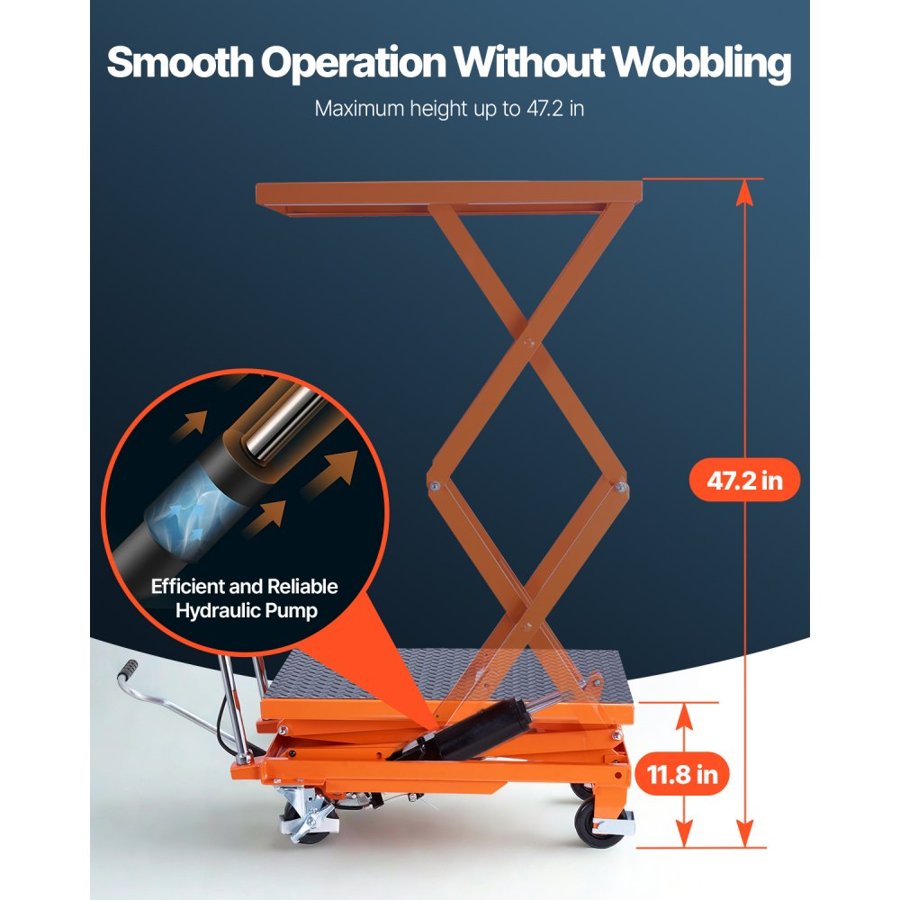 VEVOR Hydraulic Lift Table, 500 lbs Capacity, 47.2" Lifting Height, Double Scissor Lift Table Cart with 4 Wheels and Non-slip Pad, Manual Hydraulic Lifting Cart for Material Handling & Transportation