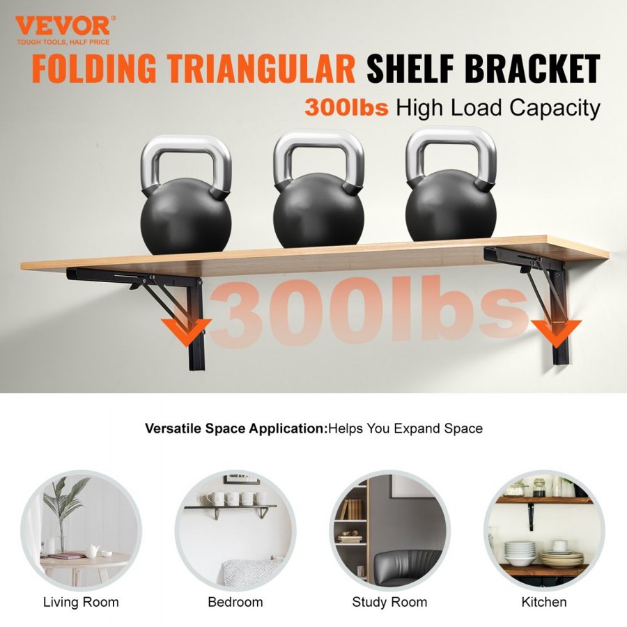 VEVOR Shelf Bracket Foldable, 24” L 2 Pcs , Heavy Duty Floating Shelf Brackets, Brackets for Shelves, 5mm Thick Matte Black L Shelf Bracket,Steel Shelving Brackets with 300 lbs Load Capacity