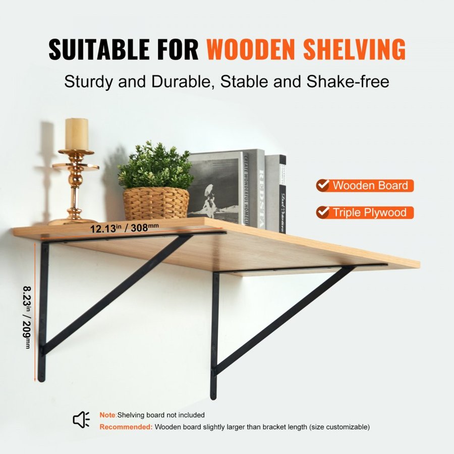 VEVOR Shelf Bracket, 12 x 8 in 10 Pcs, Heavy Duty Floating Shelf Brackets, Brackets for Shelves, 3mm Thick Matte Black Triangle Shelf Bracket,Steel Shelving Brackets with 160 lbs Load Capacity