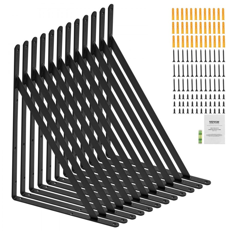 VEVOR Shelf Bracket, 18 x 12 in 12 Pcs, Heavy Duty Floating Shelf Brackets, Brackets for Shelves, 3mm Thick Matte Black Triangle Shelf Bracket,Steel Shelving Brackets with 160 lbs Load Capacity