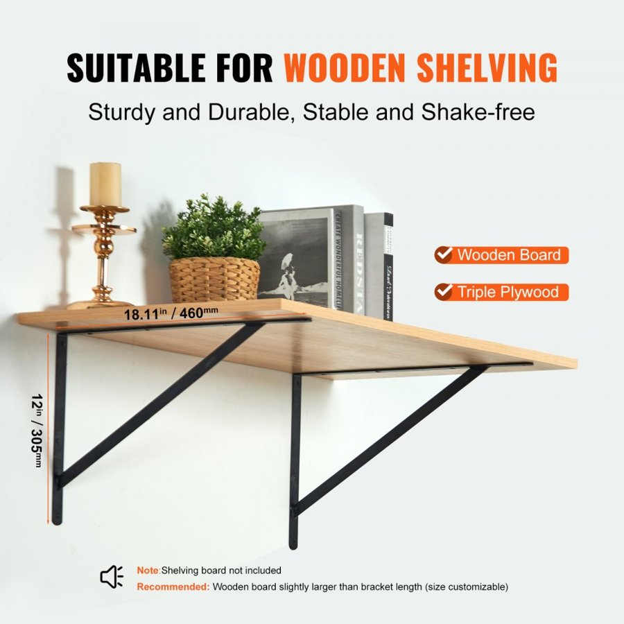 VEVOR Shelf Bracket, 18 x 12 in 12 Pcs, Heavy Duty Floating Shelf Brackets, Brackets for Shelves, 3mm Thick Matte Black Triangle Shelf Bracket,Steel Shelving Brackets with 160 lbs Load Capacity
