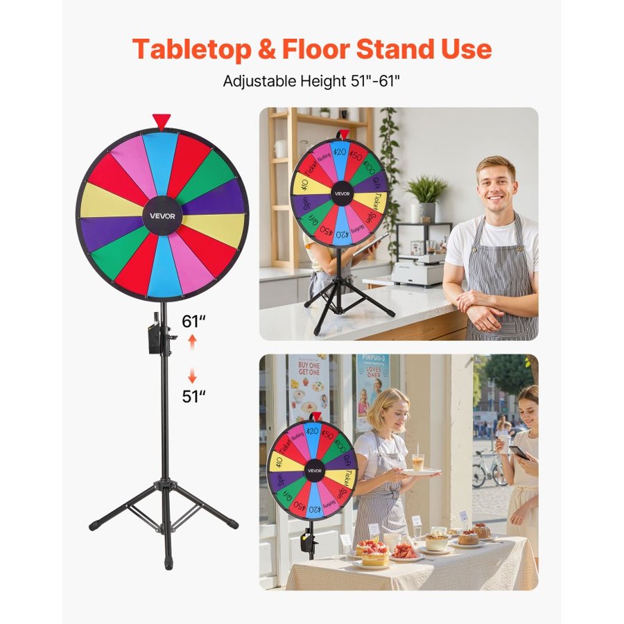 VEVOR 24" Prize Wheel – 14 Slots, Tripod Stand, 2 Markers