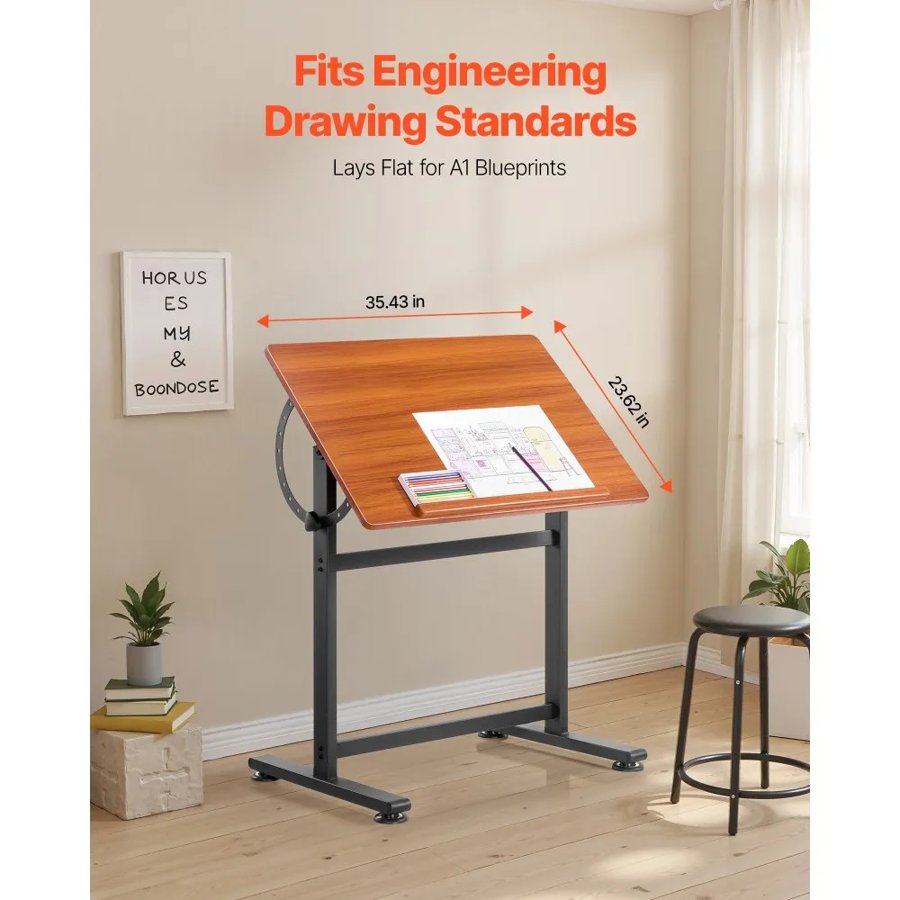 VEVOR Drafting Table, Adjustable 0°–90° Tilt Drawing Desk, Portable Artist Table with Black H-Frame and Brown Desktop, Wooden Painting Desk Craft Workstation for Reading, Writing, Crafting, Meeting