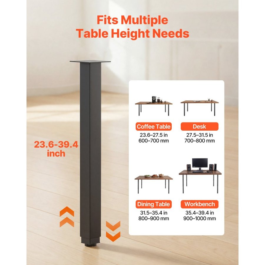 VEVOR Adjustable Table Legs, 610-1016 mm Square Steel Furniture Legs, 544 kg Max Load Heavy Duty, Quick Installation, for Home Office Desk DIY, Coffee Dinner Bar Tables, Workbenches, 4 PCS, Black