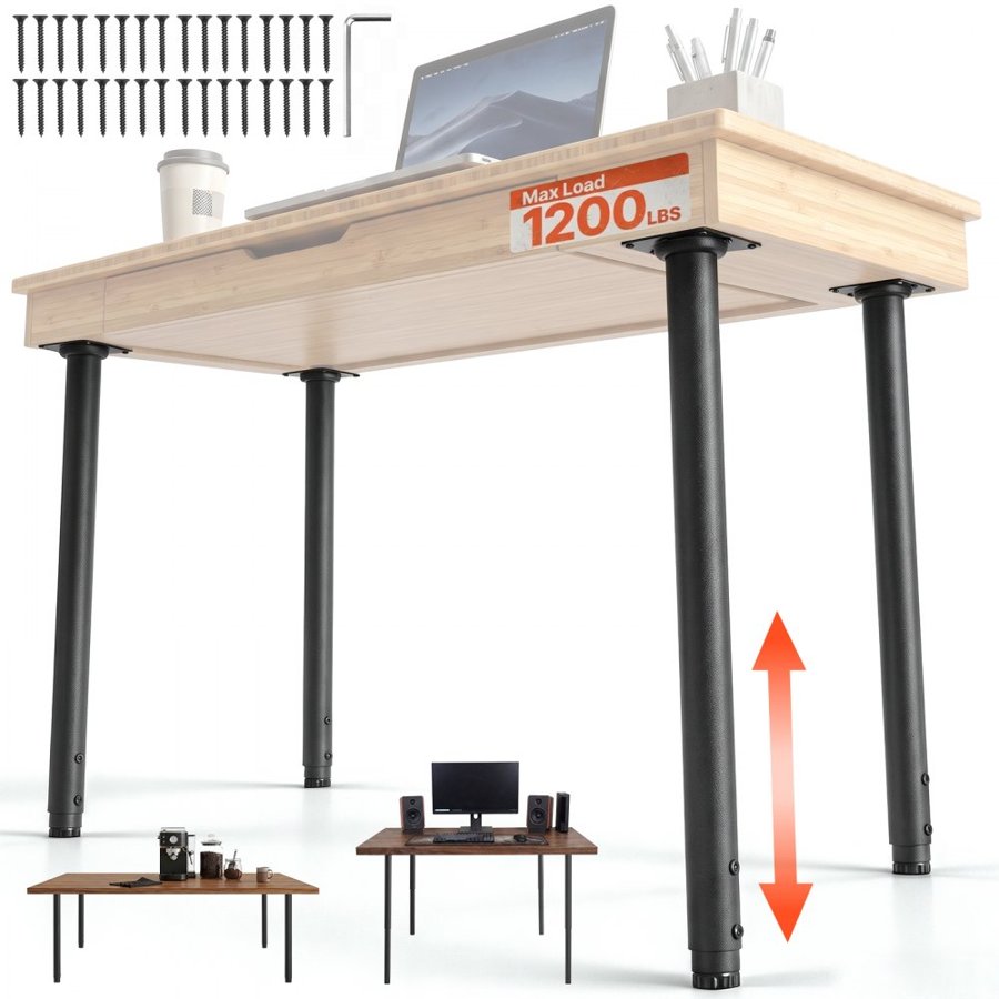 VEVOR Adjustable Table Legs, 610-1016 mm Round Steel Furniture Legs, 544 kg Max Load Heavy Duty, Quick Installation, for Home Office Desk DIY, Coffee Dinner Bar Tables, Workbenches, 4 PCS, Black