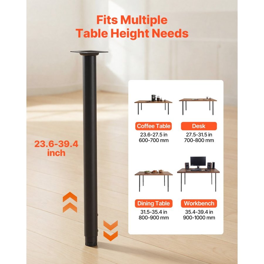 VEVOR Adjustable Table Legs, 610-1016 mm Round Steel Furniture Legs, 544 kg Max Load Heavy Duty, Quick Installation, for Home Office Desk DIY, Coffee Dinner Bar Tables, Workbenches, 4 PCS, Black