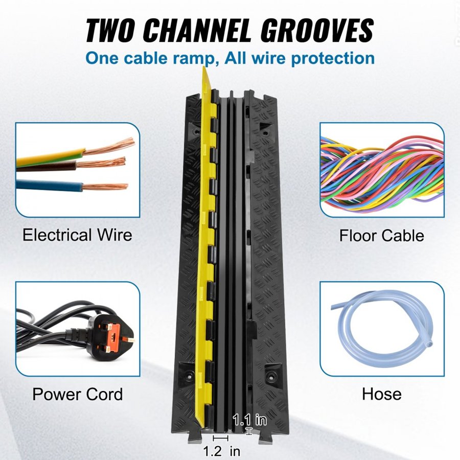 VEVOR 5 PCs Cable Protector Ramp, 2 Channel, 10000 kg/axle Capacity 91.8x25x4.3 cm Heavy Duty TPU Wire Cover Ramp Hose Protector Ramp Driveway, Traffic Speed Bump with TPR Flip-Open Top Cover, for Indoor & Outdoor