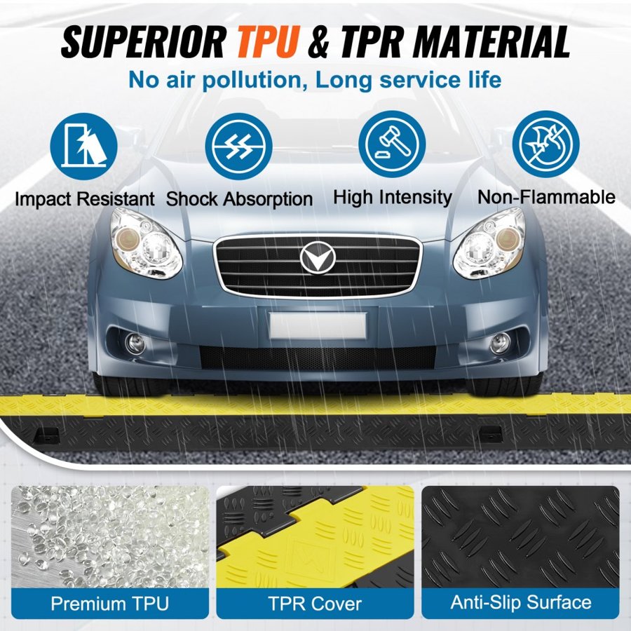 VEVOR 5 PCs Cable Protector Ramp, 2 Channel, 10000 kg/axle Capacity 91.8x25x4.3 cm Heavy Duty TPU Wire Cover Ramp Hose Protector Ramp Driveway, Traffic Speed Bump with TPR Flip-Open Top Cover, for Indoor & Outdoor
