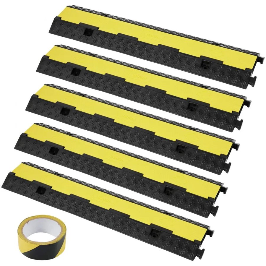 VEVOR 5 PCs Rubber Cable Protector Ramp 98x24x4.5 cm, 2 Channel, 12000 lbs/axle Capacity Heavy Duty Hose Wire Cover Ramp Driveway, Traffic Speed Bump with Flip-Open Top Cover & 50 ft Warning Tape, for Indoor&Outdo