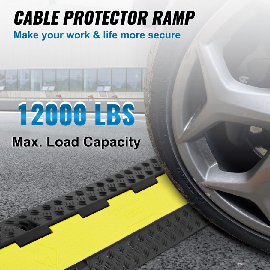 VEVOR 5 PCs Rubber Cable Protector Ramp 98x24x4.5 cm, 2 Channel, 12000 lbs/axle Capacity Heavy Duty Hose Wire Cover Ramp Driveway, Traffic Speed Bump with Flip-Open Top Cover & 50 ft Warning Tape, for Indoor&Outdo