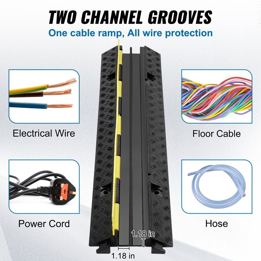 VEVOR 5 PCs Rubber Cable Protector Ramp 98x24x4.5 cm, 2 Channel, 12000 lbs/axle Capacity Heavy Duty Hose Wire Cover Ramp Driveway, Traffic Speed Bump with Flip-Open Top Cover & 50 ft Warning Tape, for Indoor&Outdo