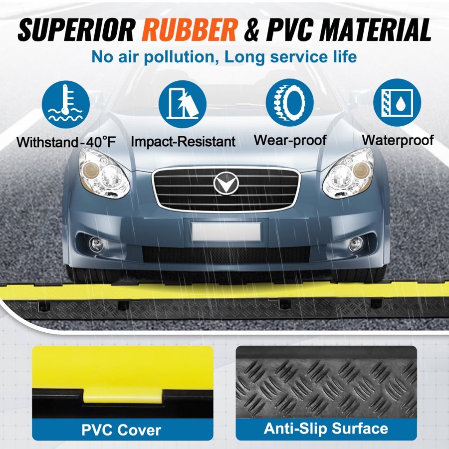 VEVOR 5 PCs Rubber Cable Protector Ramp 98x24x4.5 cm, 2 Channel, 12000 lbs/axle Capacity Heavy Duty Hose Wire Cover Ramp Driveway, Traffic Speed Bump with Flip-Open Top Cover & 50 ft Warning Tape, for Indoor&Outdo