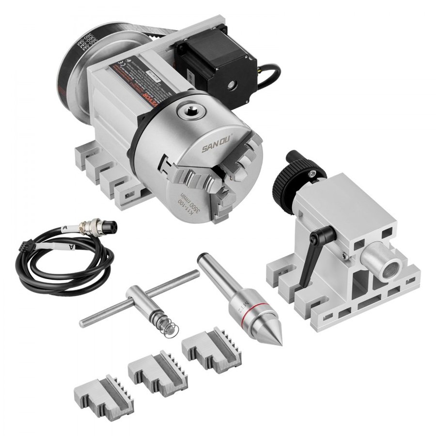 VEVOR Dividing Head, K11-100mm 3-Jaw Chuck, CNC Router Milling Machine Rotational Axis 4th Axis A Axis Indexing Head, 66 mm(2.6")/65 mm Center Height MT2 Tailstock 6:1 Gear Ratio, Universal for Engraving