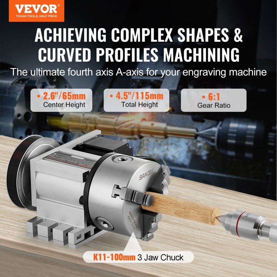 VEVOR Dividing Head, K11-100mm 3-Jaw Chuck, CNC Router Milling Machine Rotational Axis 4th Axis A Axis Indexing Head, 66 mm(2.6")/65 mm Center Height MT2 Tailstock 6:1 Gear Ratio, Universal for Engraving