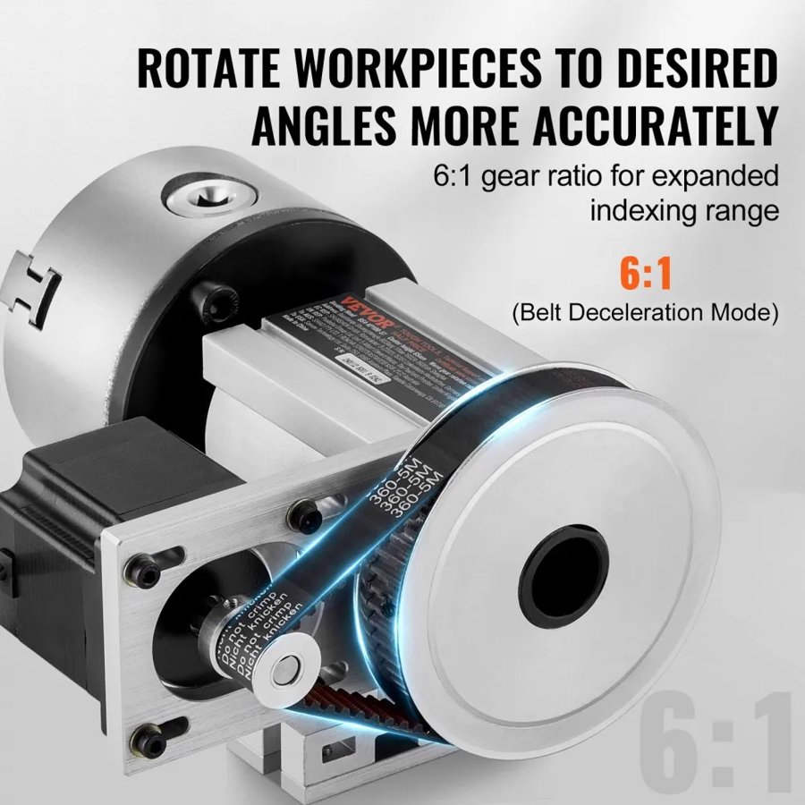 VEVOR Dividing Head, K11-100mm 3-Jaw Chuck, CNC Router Milling Machine Rotational Axis 4th Axis A Axis Indexing Head, 66 mm(2.6")/65 mm Center Height MT2 Tailstock 6:1 Gear Ratio, Universal for Engraving