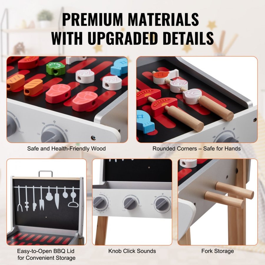 VEVOR Wooden Play Barbecue Toy Grill, Kids Grill Playset with Play Food and Grilling Tools, Wooden Play Food Kitchen Accessory (21 PCS), Pretend Play Cooking Toy for Toddlers Boys Girls Age 3+ Gift