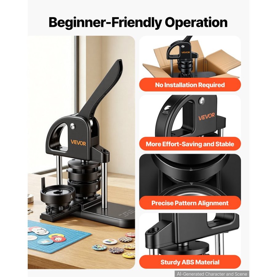 VEVOR Button Maker Machine 1"/1.25"/2.25"(25/32/58 mm) Pin Maker Black, with 300pcs Button Parts, Circle Cutter and Magic Book, Ergonomic Handle, for DIY Badges, Pins, Fridge Magnets and Key Chains