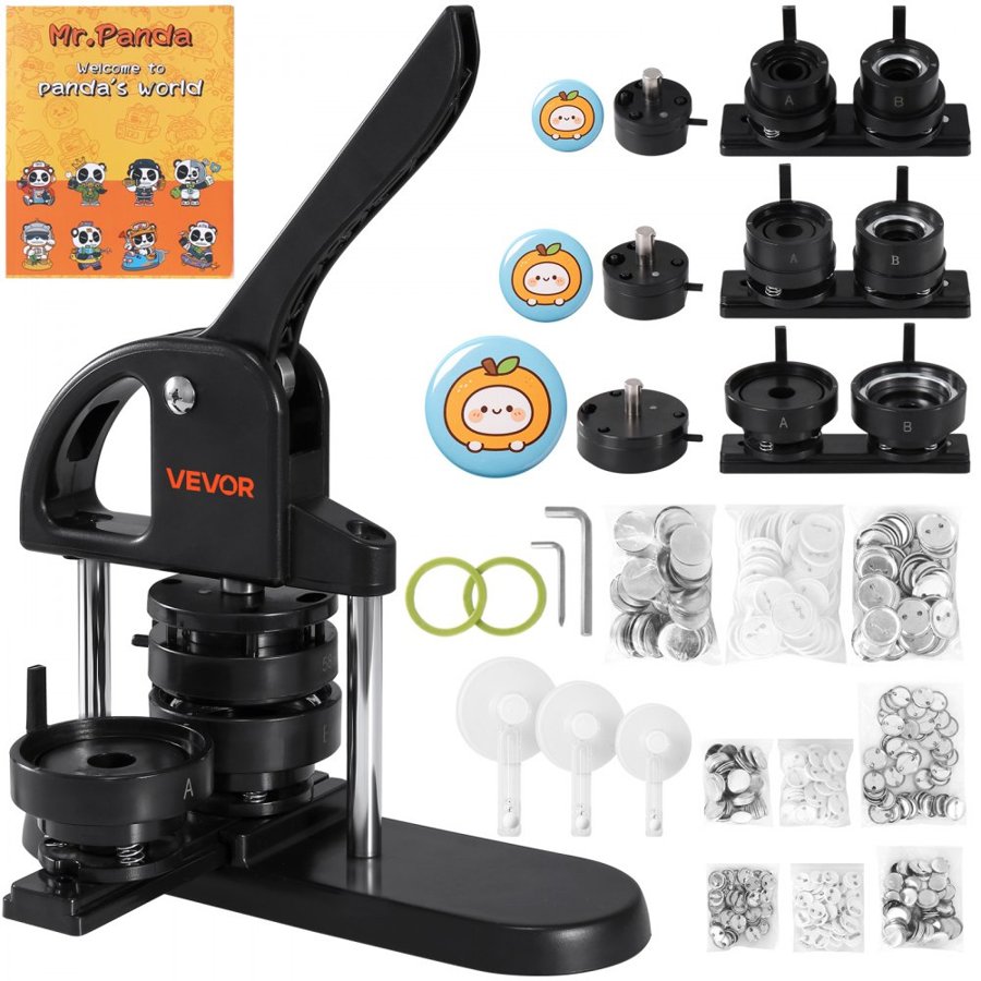 VEVOR Button Maker Machine, 1/1.25/2.28 inch(25/32/58mm) 3-in-1 Pin Maker, Installation-Free Badge Punch Press Kit, Button Making Supplies with 300pcs Button Parts, Circle Cutter, Magic Book