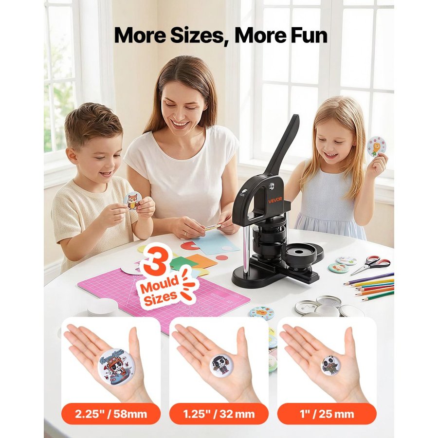 VEVOR Button Maker Machine, 1/1.25/2.28 inch(25/32/58mm) 3-in-1 Pin Maker, Installation-Free Badge Punch Press Kit, Button Making Supplies with 300pcs Button Parts, Circle Cutter, Magic Book