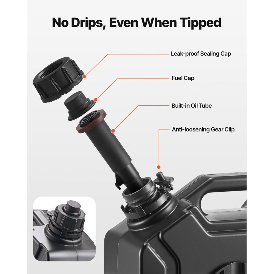 VEVOR Fuel Container, 5 L, Gas Can with Spout and Lockable Bracket, 15 L/min Max Flow Rate, Secure & Leak-proof, Portable Flat Fluid Container for Most Cars Motorcycle ATV UTV, Black