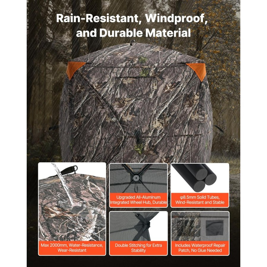 VEVOR Hunting Blind, 270° See Through Ground Blind, 1-2 Person Pop Up Deer Blind for Hunting with Carrying Bag, Portable Resilient Hunting Tent, One-Way See-Through Mesh for Turkey and Deer Hunting