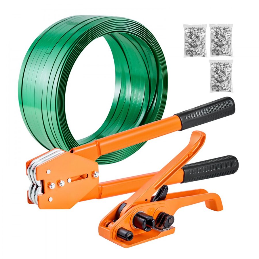 VEVOR Banding Strapping Kit, Heavy Duty Banding Sealer Tool with 305 m Length PET Band, 300 Metal Seals, Plastic Manual Pallet Packaging Strapping Kit for Warehouse/Shipping/Moving/Home, Orange