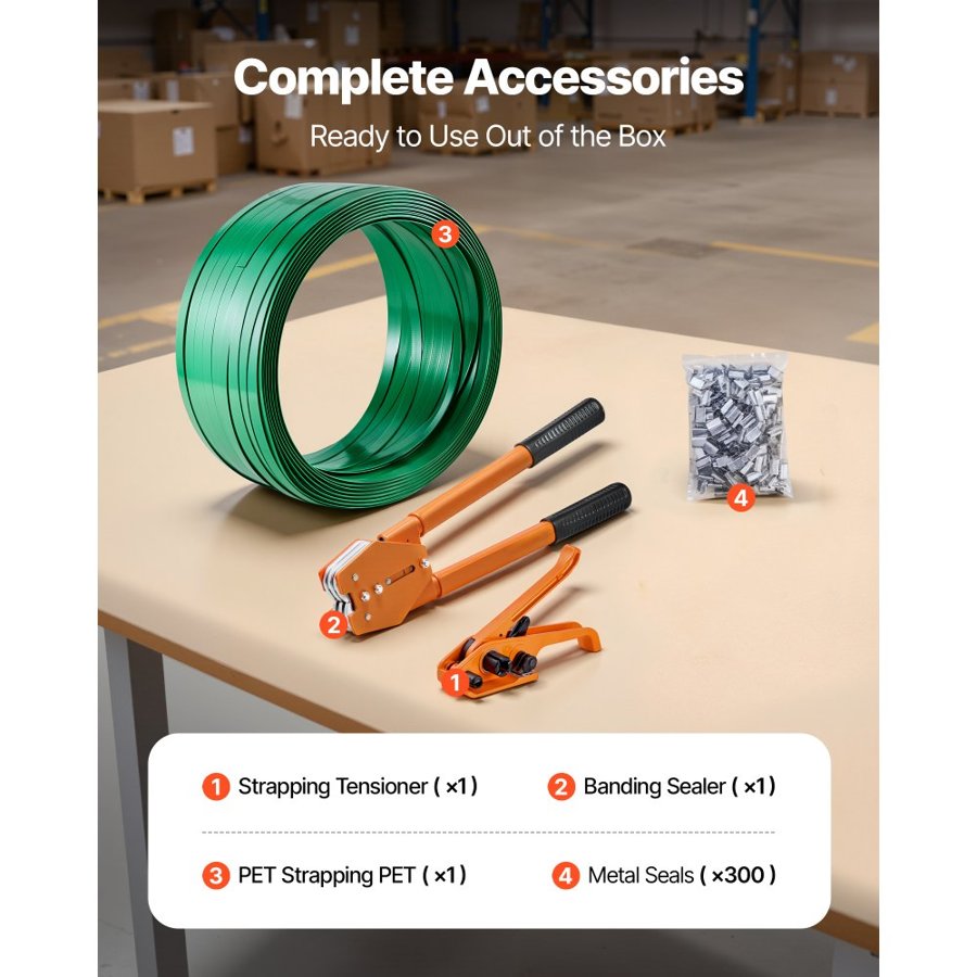 VEVOR Banding Strapping Kit, Heavy Duty Banding Sealer Tool with 305 m Length PET Band, 300 Metal Seals, Plastic Manual Pallet Packaging Strapping Kit for Warehouse/Shipping/Moving/Home, Orange