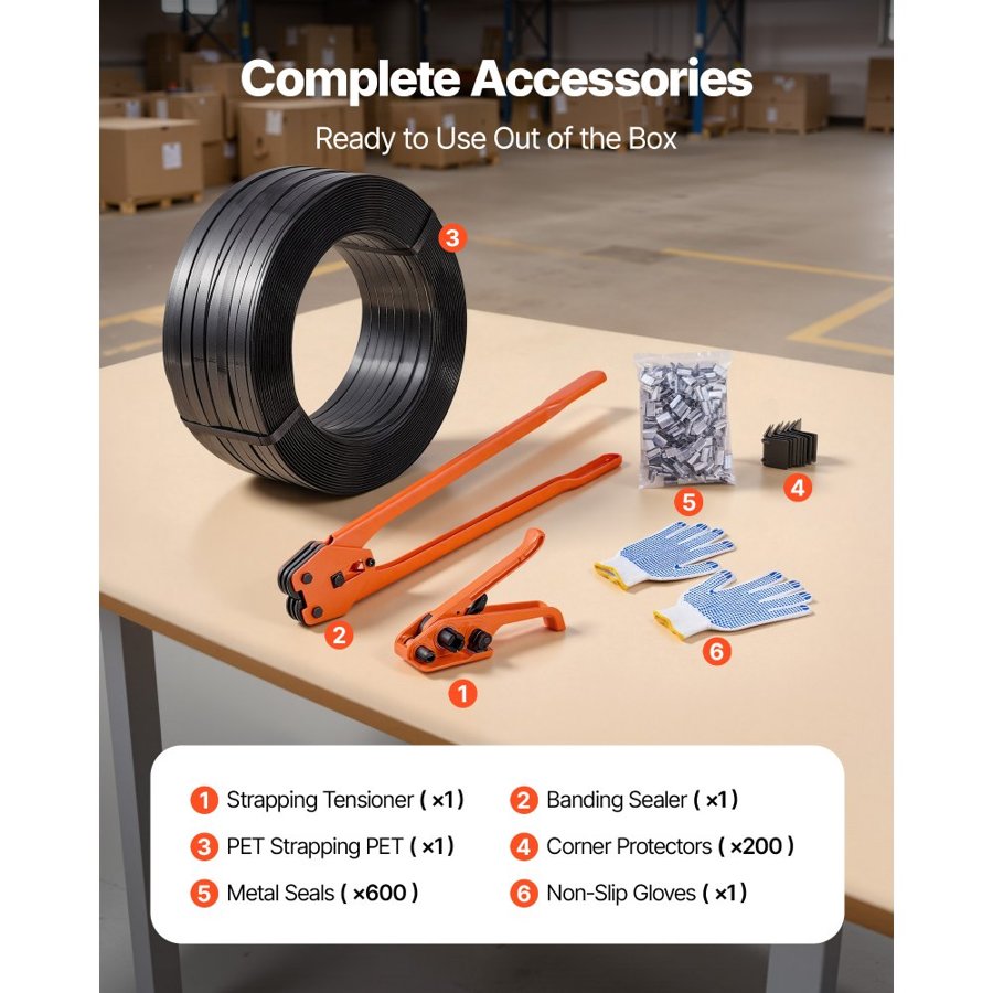 VEVOR Banding Strapping Kit, Heavy Duty Banding Sealer Tool with 610 m PET Band, 600 Metal Seals, 200 Corner Protectors, Plastic Pallet Packaging Strapping Kit for Warehouse, Transportation, Home