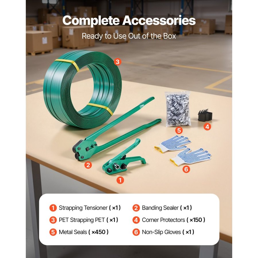 VEVOR Banding Strapping Kit, Heavy Duty Banding Sealer Tool with 457m PET Band, 450 Metal Seals, 150 Corner Protectors & Gloves, Plastic Pallet Packaging Strapping Kit for Warehouse/Shipping/Moving