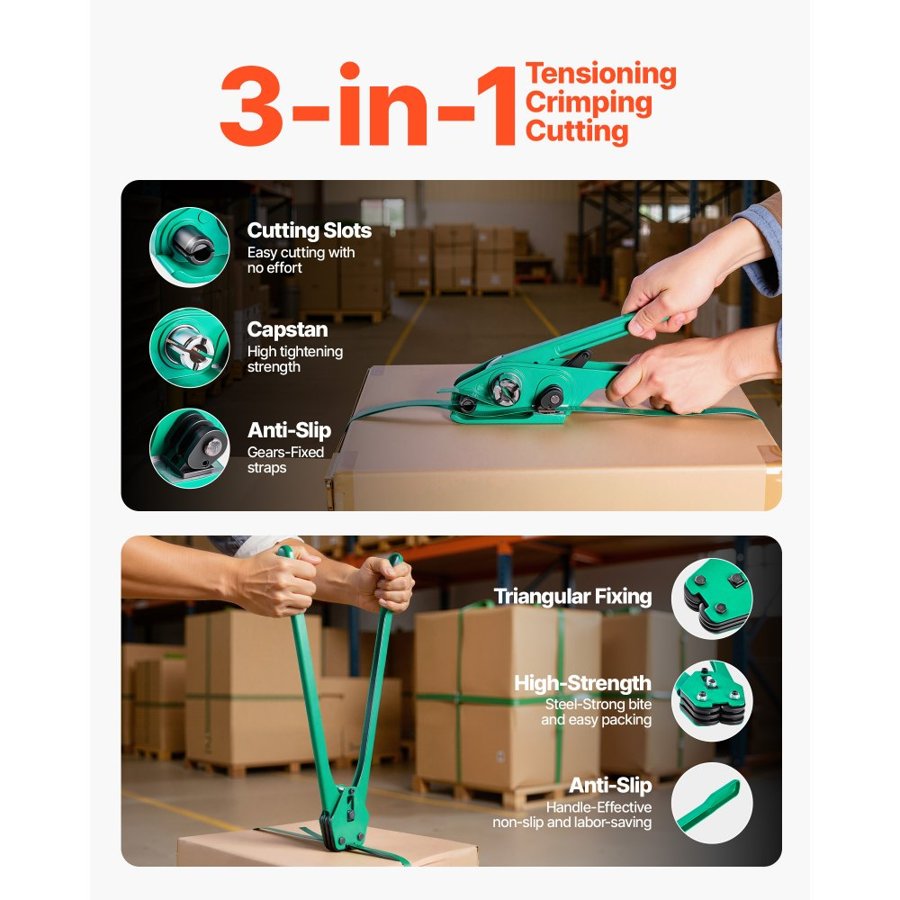 VEVOR Banding Strapping Kit, Heavy Duty Banding Sealer Tool with 457m PET Band, 450 Metal Seals, 150 Corner Protectors & Gloves, Plastic Pallet Packaging Strapping Kit for Warehouse/Shipping/Moving