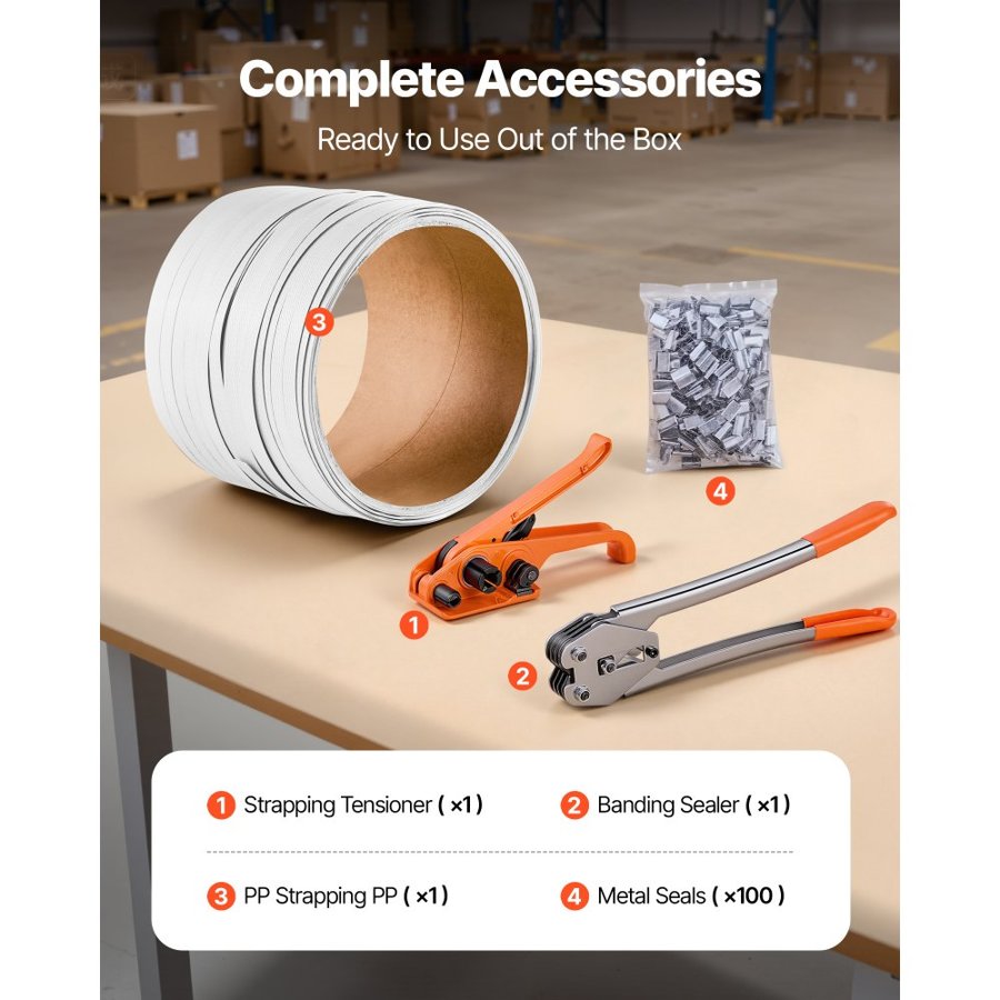 VEVOR Banding Strapping Kit, Heavy Duty Banding Sealer Tool with 100 m Length PP Band, 100 Metal Seals, Plastic Manual Pallet Packaging Strapping Kit for Warehouse/Shipping/Moving/Home, Orange
