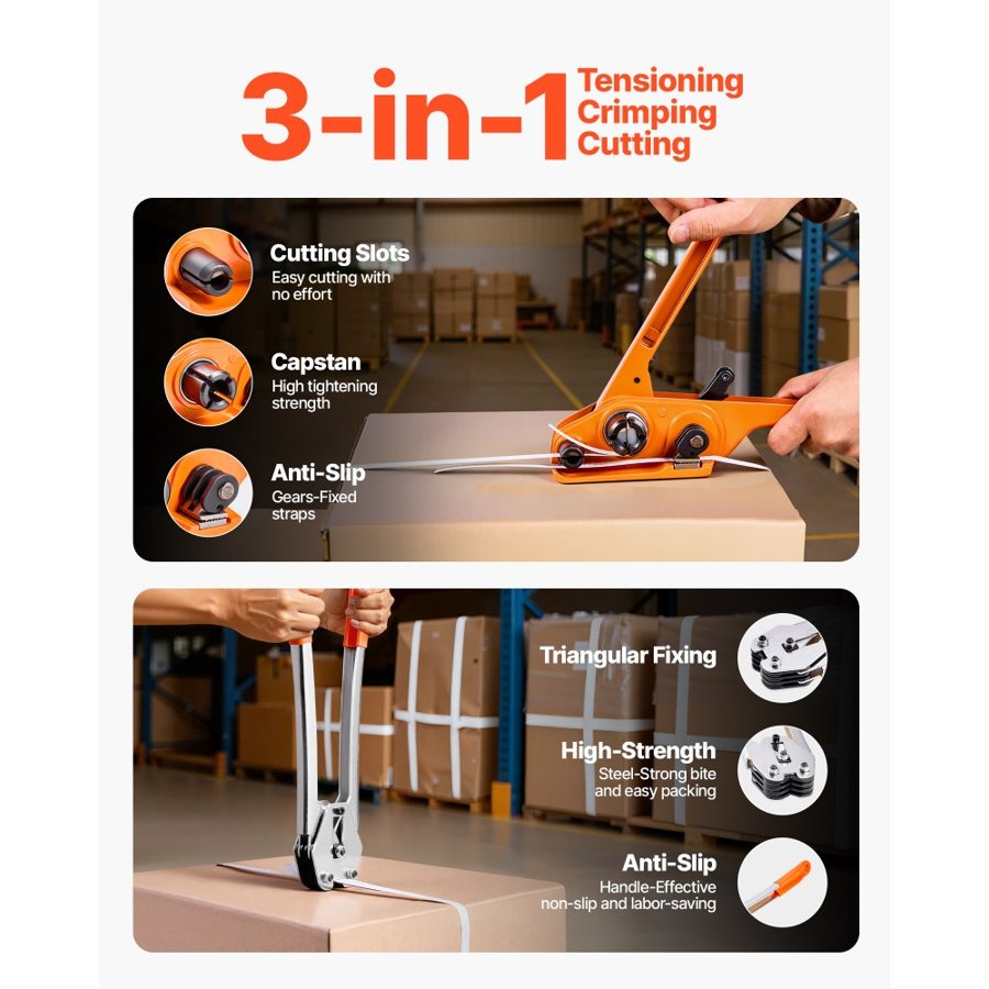 VEVOR Banding Strapping Kit, Heavy Duty Banding Sealer Tool with 100 m Length PP Band, 100 Metal Seals, Plastic Manual Pallet Packaging Strapping Kit for Warehouse/Shipping/Moving/Home, Orange