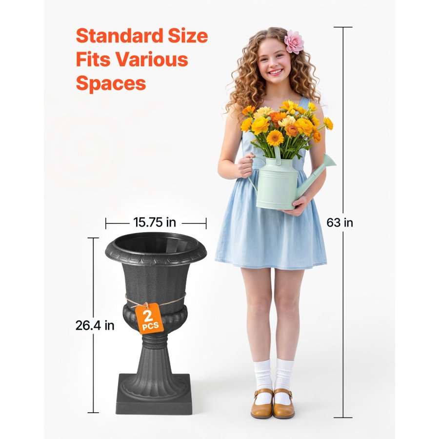 VEVOR Black Plastic Urn Planters – 15.8"x26.4", 2 Pack, PP