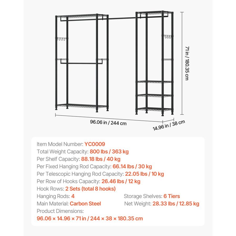 VEVOR Freestanding Clothes Rack with Shelves – 800 lbs