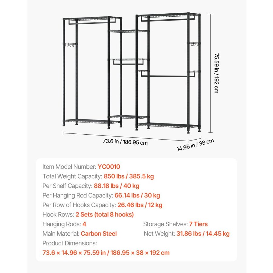 VEVOR Adjustable Height Garment Rack – 7 Tiers, 850 LBS