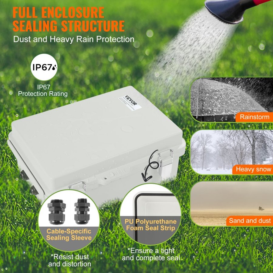 VEVOR Outdoor Electrical Junction Box, 300 x 200 x 180 mm, ABS Plastic Electrical Enclosure Box with Hinged Cover Stainless Steel Latch, IP67 Dustproof Waterproof for Outdoor Electrical Projects